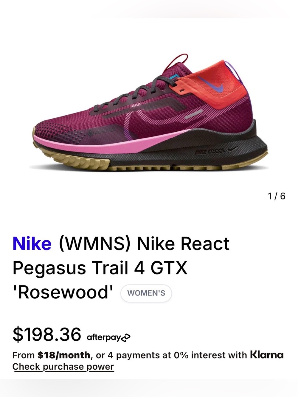 Nike React Pegasus Trail 4 Gore-Tex Rosewood Trail Run Shoes - Picture 8 of 12